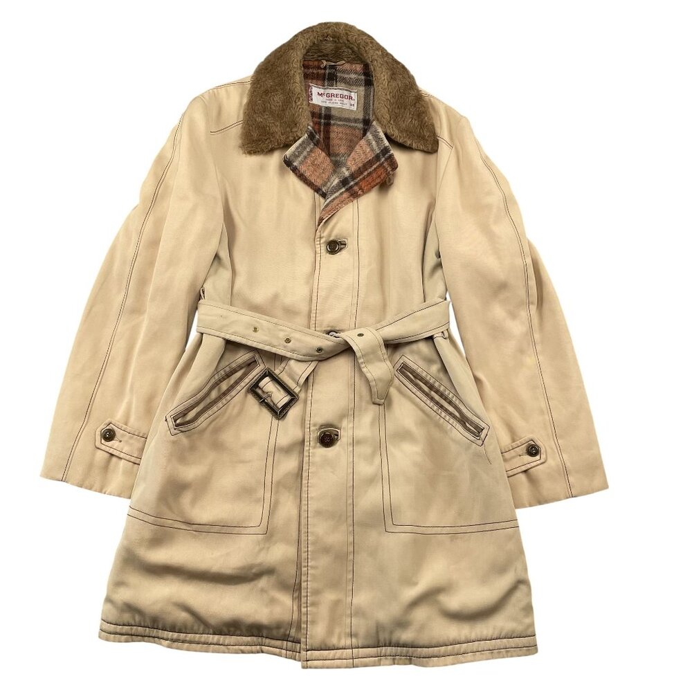 VTG McGregor Trench Coat Mens 38 Tan Plaid Lined Union Made in USA